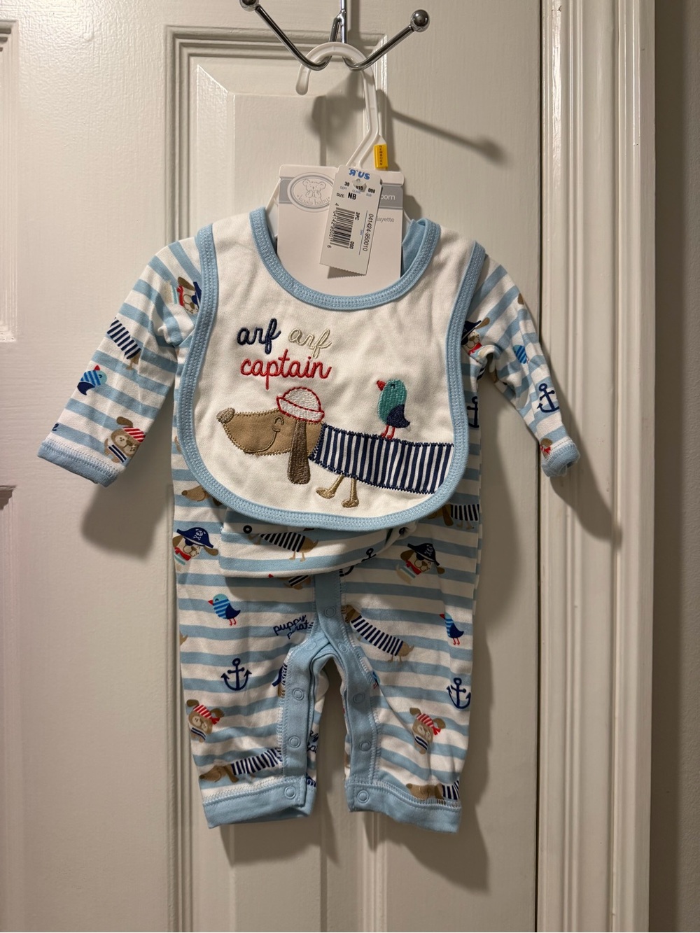 Baby Boys Blue Striped 'Arf Captain' Bib & Footed Romper Set-size newborn